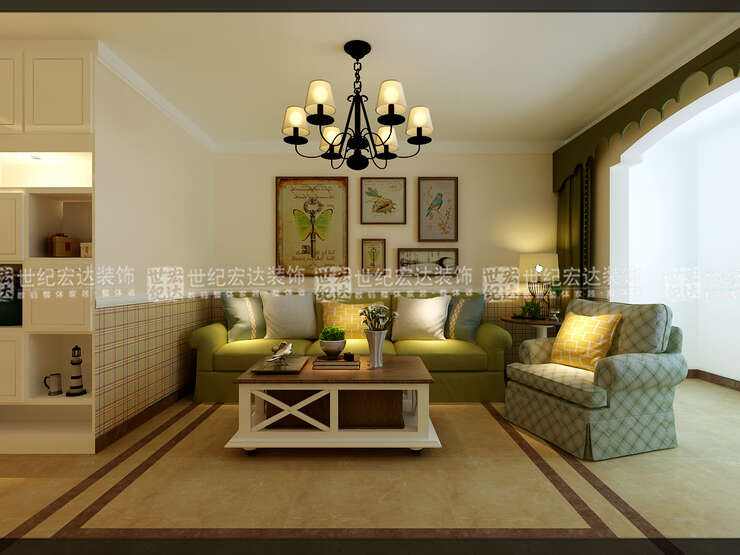 沙发区域的配色也以清新的嫩绿色为基调，配以暖色的黄色调调和。