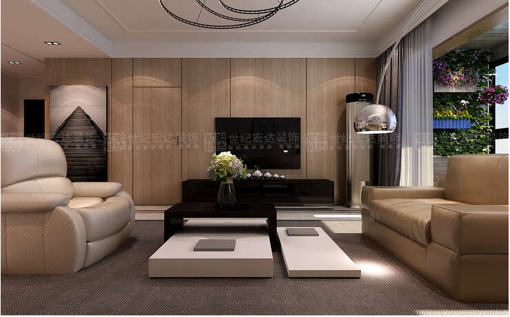 客厅影视墙采用了自然的木质色，自然简洁，展现出港式风格休闲的氛围，整个客厅采用了黑白灰等内敛色调，调节了客厅的整体印象。