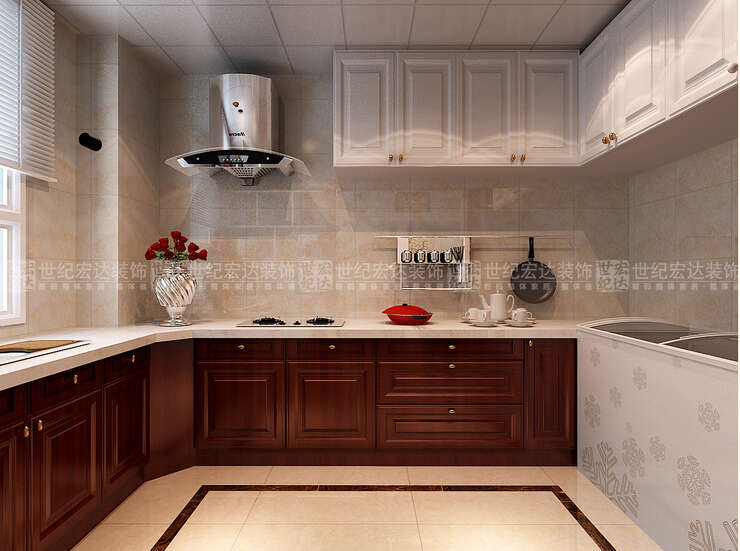 厨房处，设计了L型地柜以及L型吊柜，使整个空间区域划分合理实用