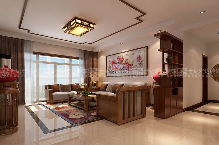 沙发背景和吊顶的细节处理，通过中式家具和色彩元素相互转换，表达出另一种中式的设计理念