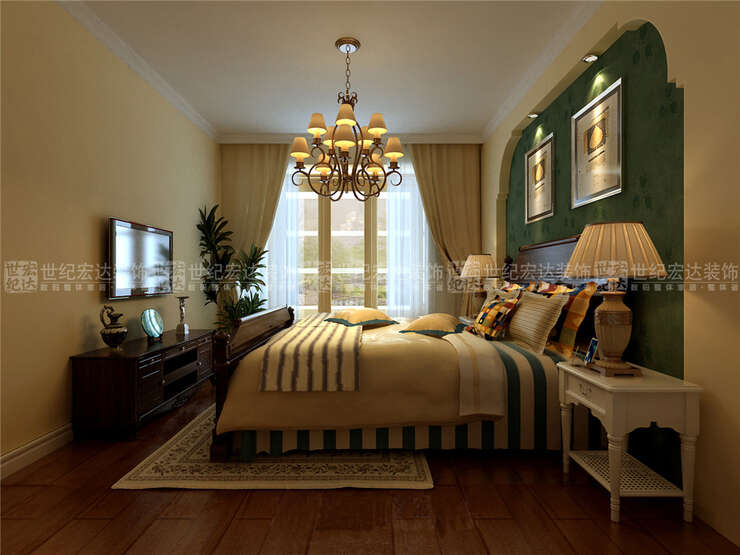 5卧室背景墙运用绿色壁纸，其他墙面刷米黄色乳胶漆，地面实木复合地板。