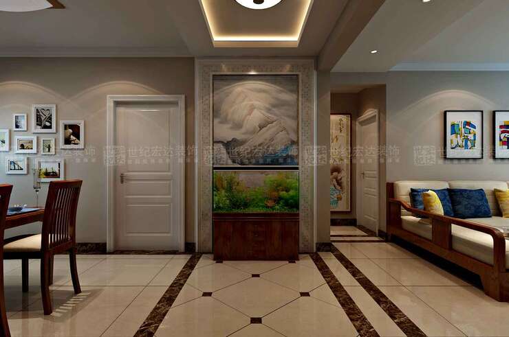 进门走廊玄关处，设计的是一个简单的小鱼缸。端景是壁画上墙，简单的白色混油工艺的边框，再加上马赛克的点缀，采用现代材料，有节奏感的色彩对比赏心悦目
