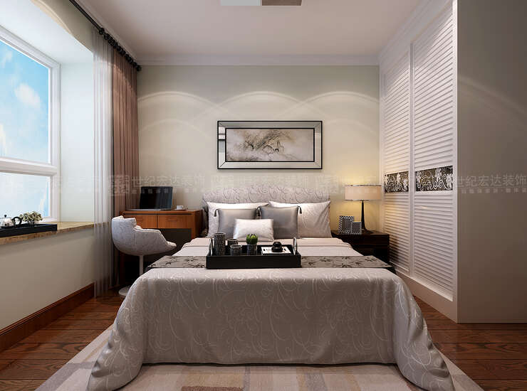 次卧室设计的灵活性比较大，以便后期调整，床头选用了淡淡的绿色背景，搭配上有着中式元素的软装饰品，表达出另一种中式的风采。