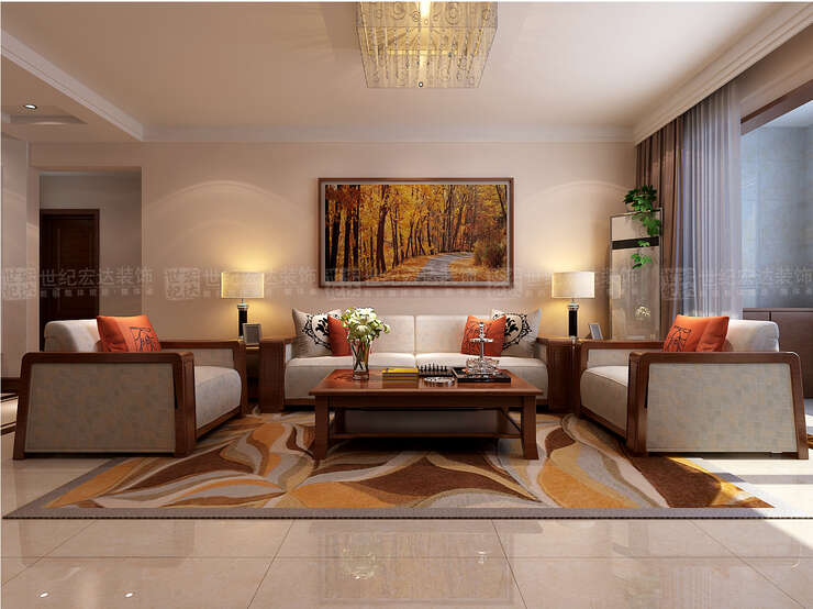 沙发背景和吊顶的细节处理，搭配简单色山水画来装饰整个空间，通过中式家具和色彩元素相互转换，表达出另一种中式的设计理念。